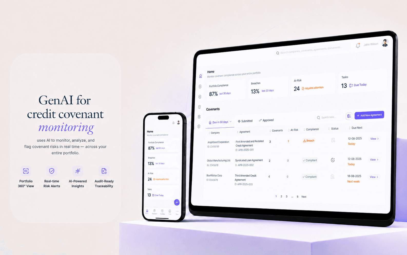 Covenant monitoring product cover showing AI-assisted financial monitoring dashboards.