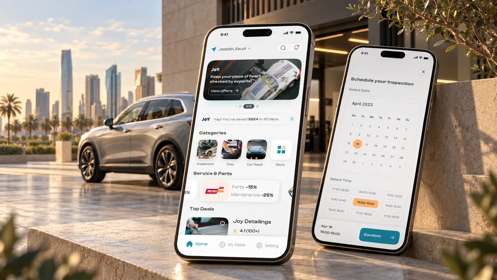 Joyapp home and inspection scheduling screens on two phones, in an illustrative scene with an SUV and a city skyline.