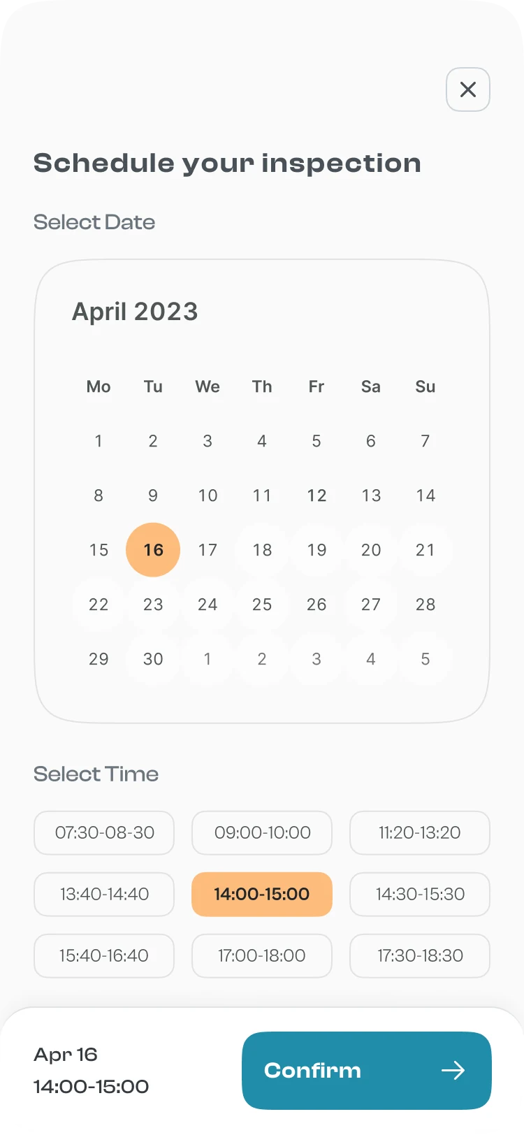 Joyapp scheduling screen: an April 2023 calendar with the 16th selected and a 14:00–15:00 slot, ready to confirm.