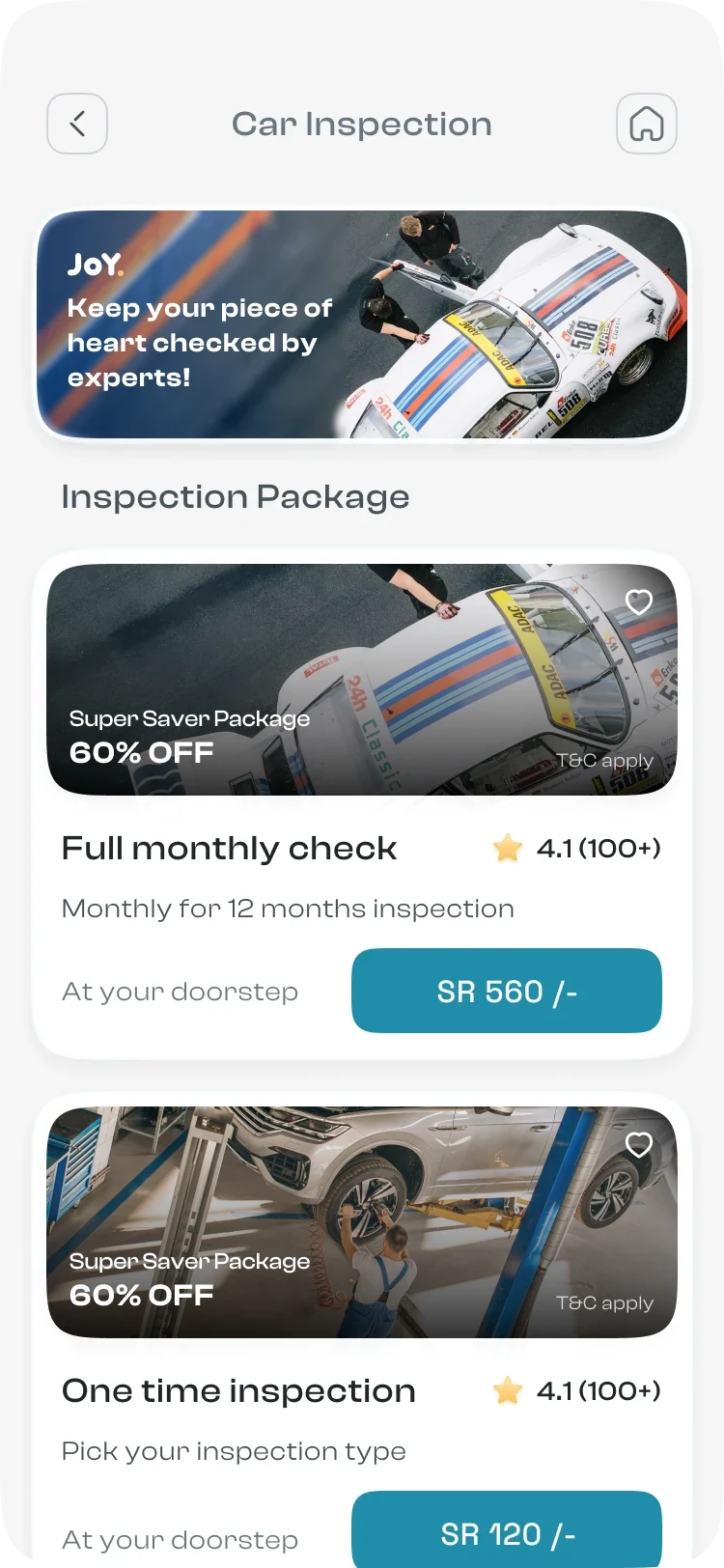 Joyapp car inspection screen listing two inspection packages with ratings and prices in Saudi riyals.